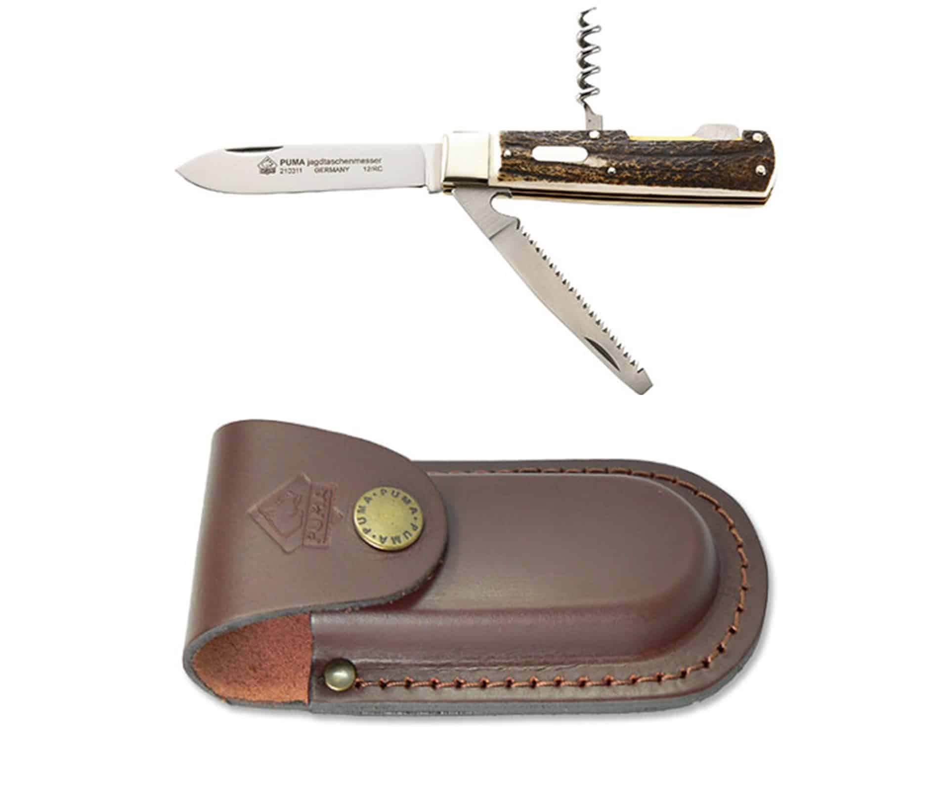 Puma hunting pocket knife 3-part with brown belt pouch